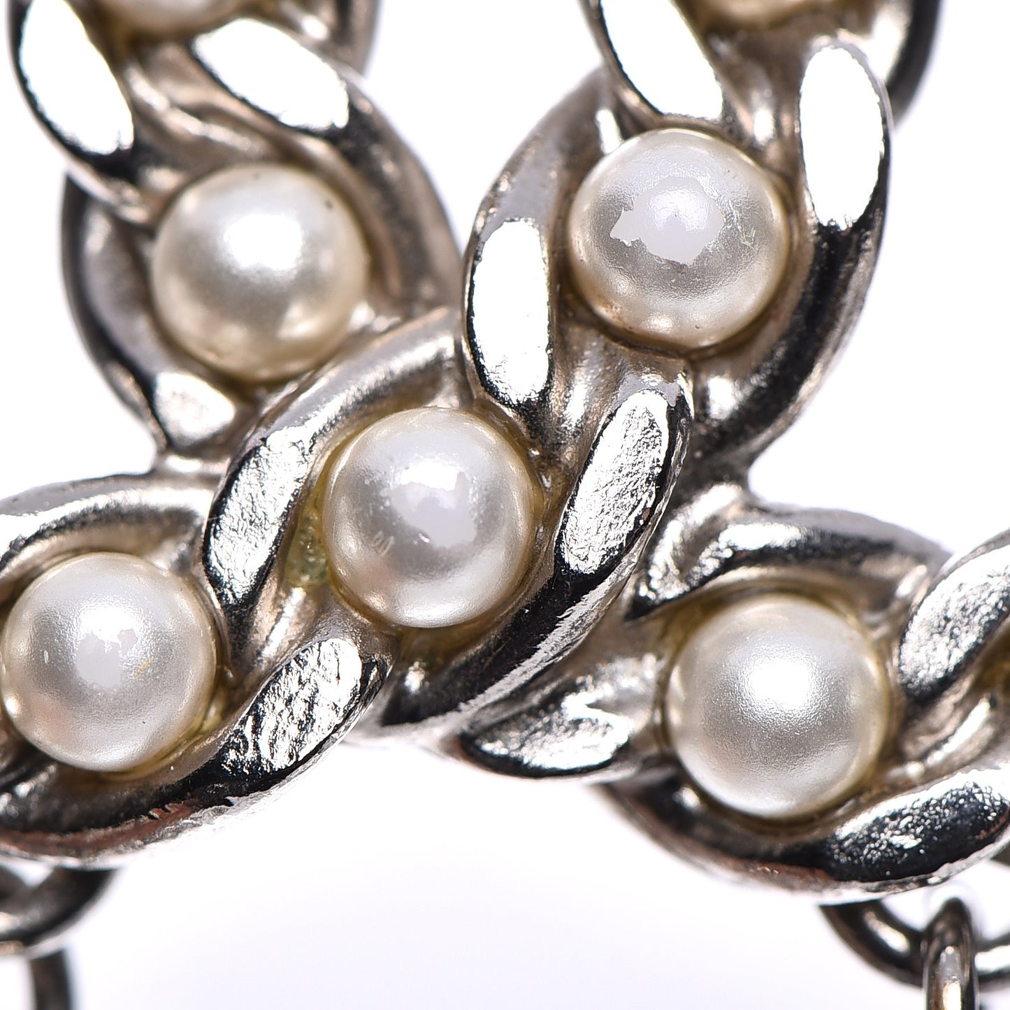 Pearl CC Long Chain Necklace Silver