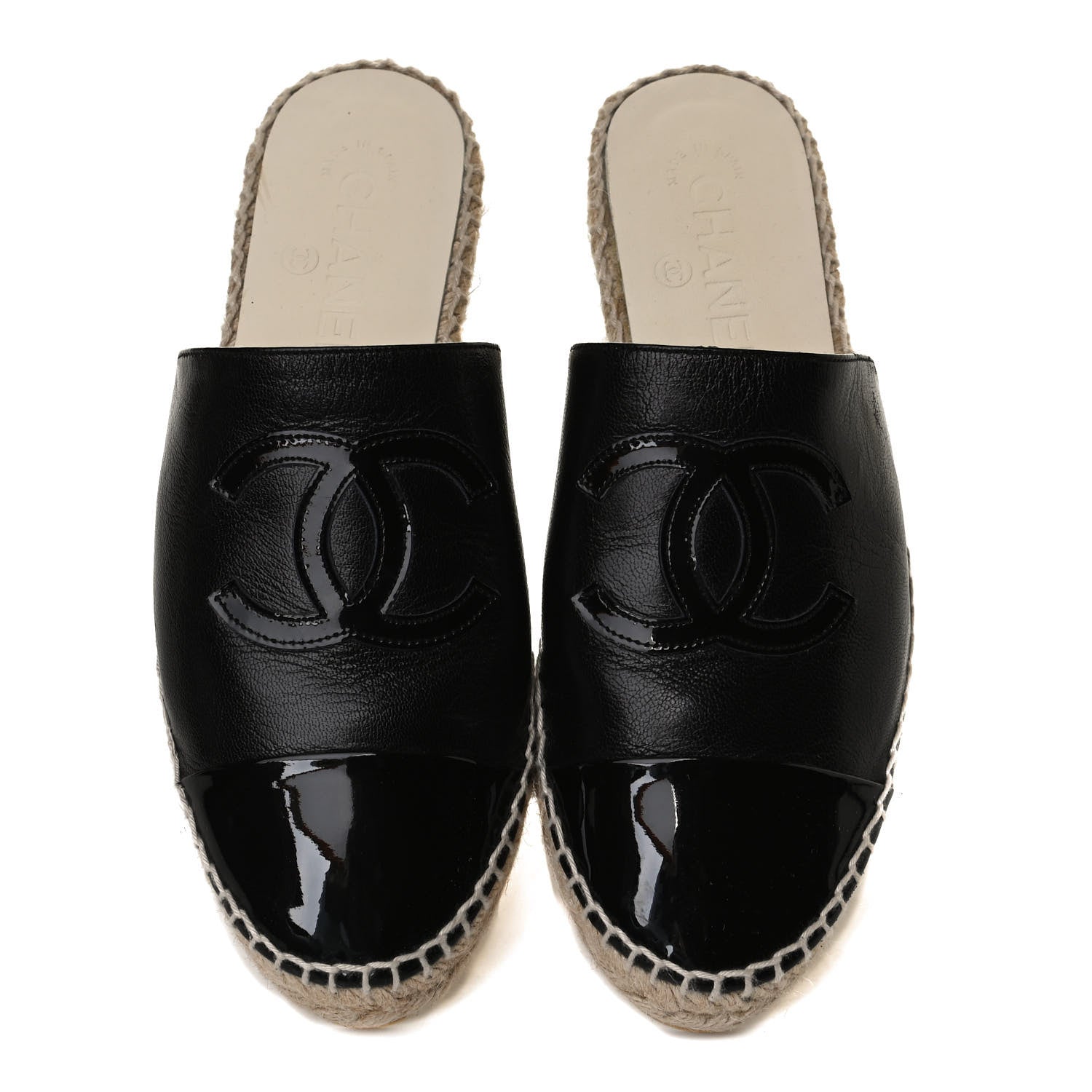 Chanel Goatskin Patent Calfskin CC Espadrille Mules 36 Black 5 of 13