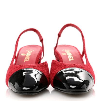 Chanel Tweed Patent Cap Toe CC Slingback Pumps 39.5 Red Black 3 of 13