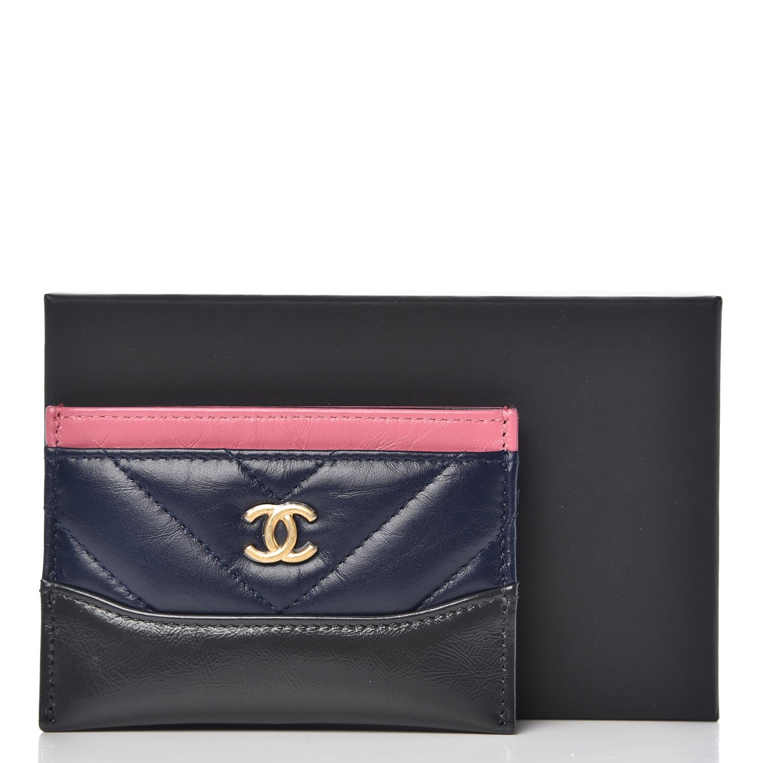 Chanel Aged Calfskin Chevron Quilted Gabrielle Card Holder Wallet Pink Navy Charcoal 9 of 9