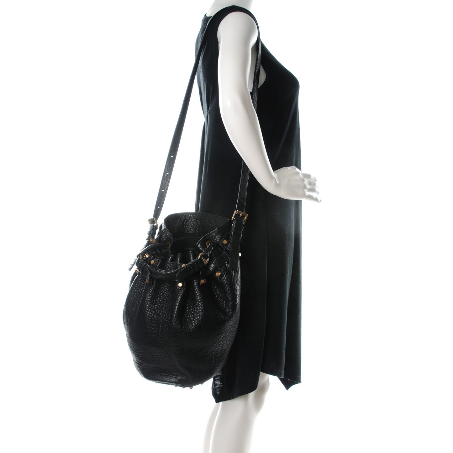 Pebbled Lambskin Diego Bucket Bag Black Antique Brass Hardware