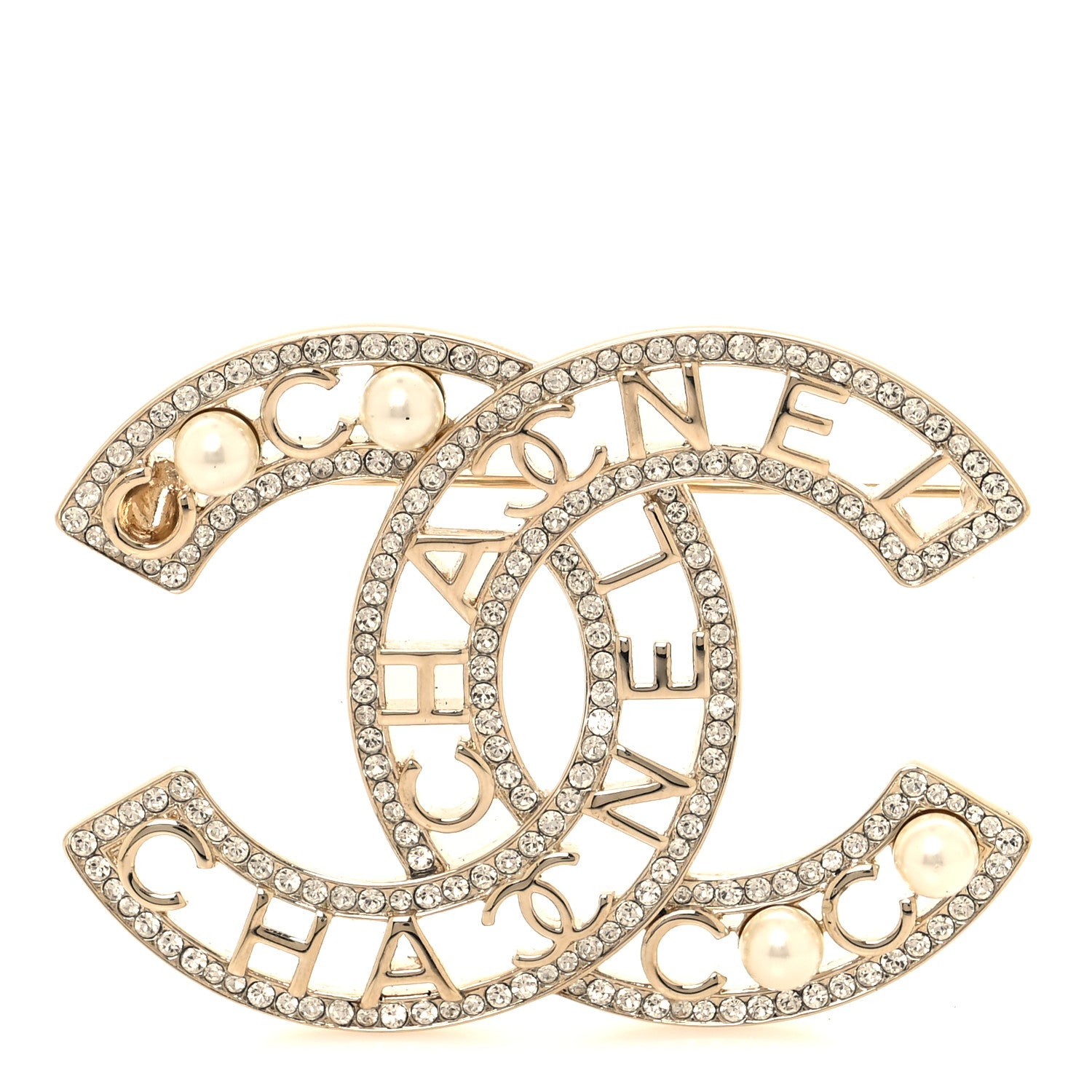 Chanel Crystal Pearl Coco CC Logo Brooch Gold 1 of 3
