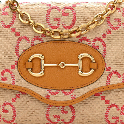 Gucci Raffia Textured Dollar Calfskin GG Monogram Web Small Horsebit 1955 Crossbody Bag Natural Bright Hibiscus Sun Oil 8 of 12