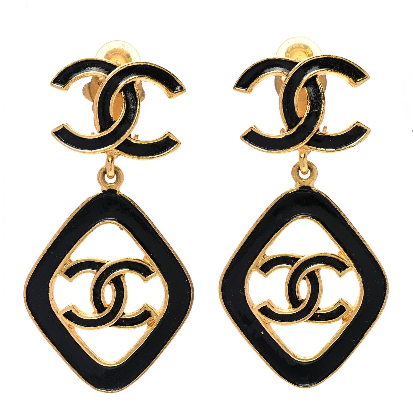 Enamel CC Drop Clip On Earrings Gold Black