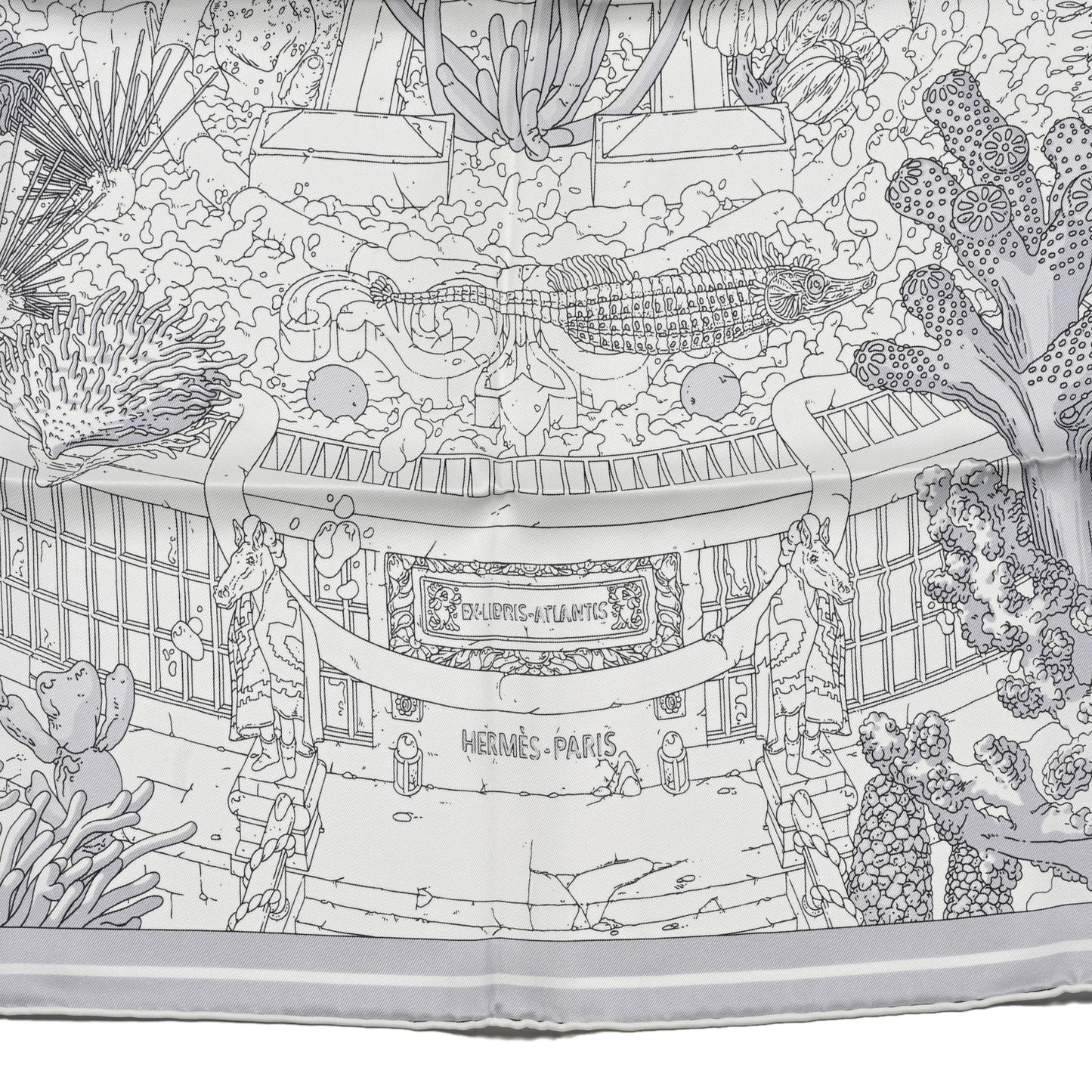 Vintage Silk Ex Libris Atlantis Scarf 70 White Gris Mastic