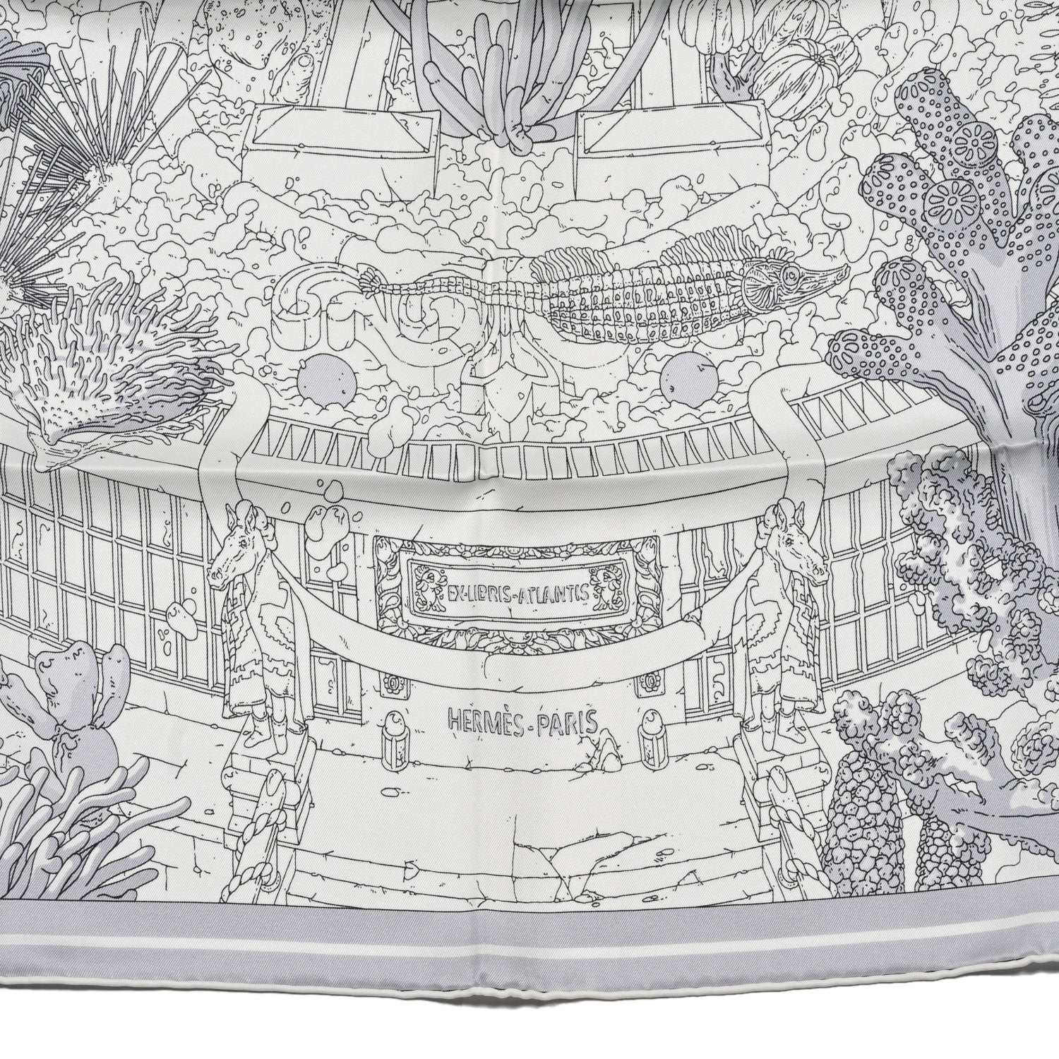 Hermes Vintage Silk Ex Libris Atlantis Scarf 70 White Gris Mastic 2 of 5