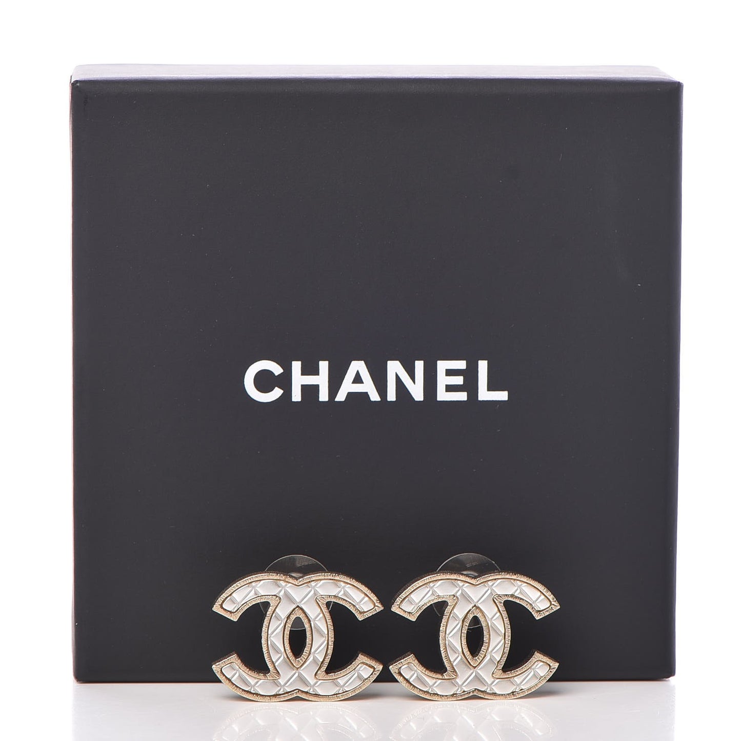 Metal Quilted CC Earrings Gold White