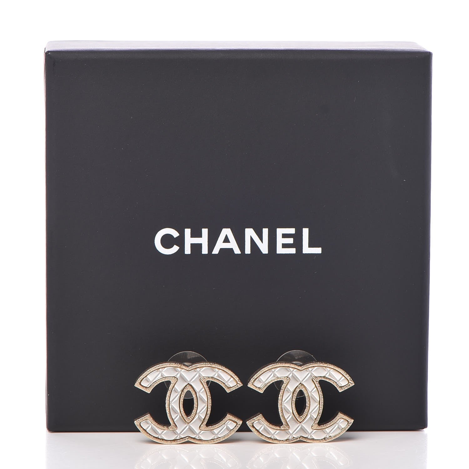 Chanel Metal Quilted CC Earrings Gold White 5 of 5