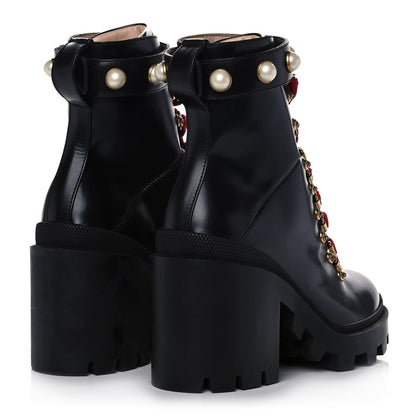 Gucci Magnum Calfskin Pearl Lace Up Combat Ankle Boots 35 Black 4 of 10