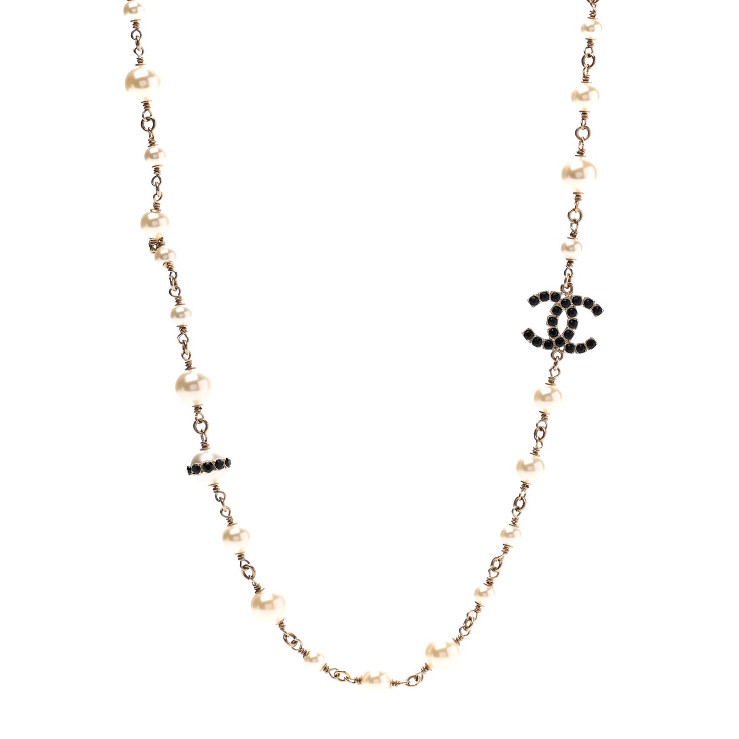 Pearl Crystal CC Long Necklace Black Gold