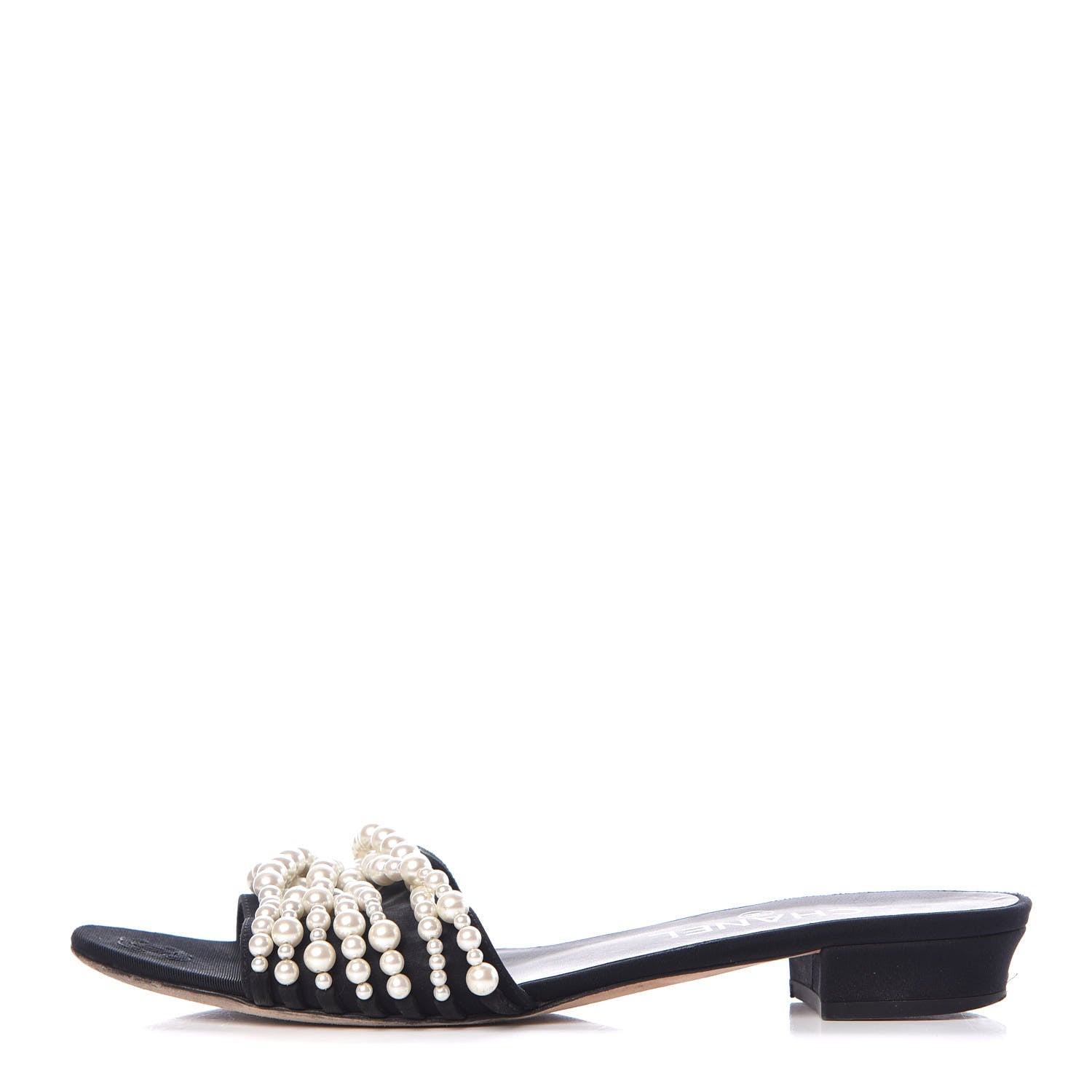 Chanel Satin Pearl Flat Sandals 38.5 Black 1 of 12
