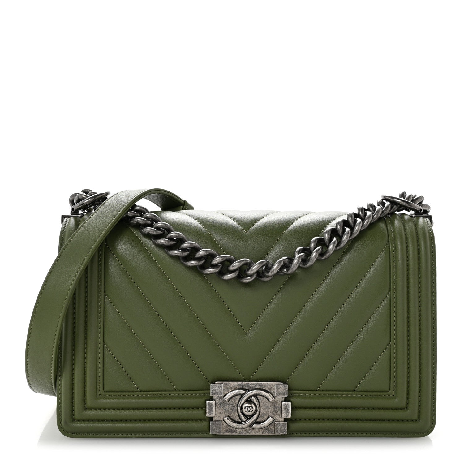 Chanel Calfskin Chevron Quilted Medium Boy Flap Dark Green 1 of 11