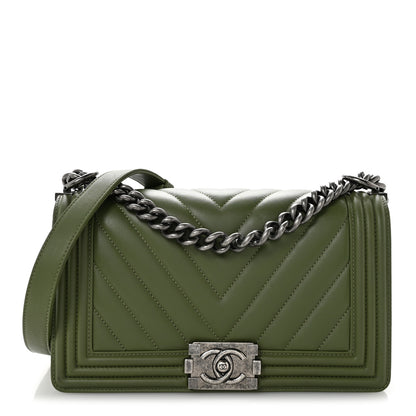 Chanel Calfskin Chevron Quilted Medium Boy Flap Dark Green 1 of 11