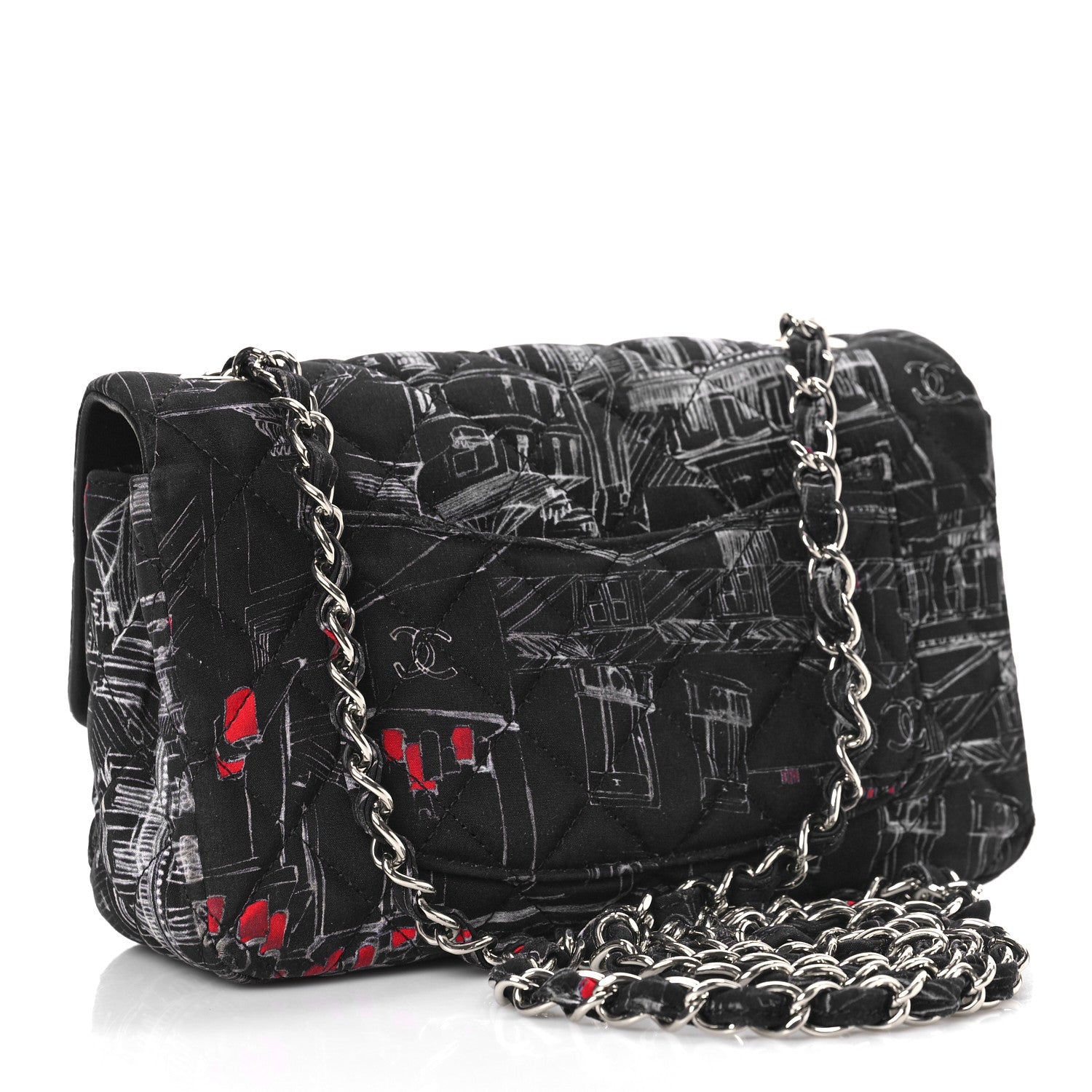 Chanel Fabric Printed Paris Rooftops Quilted Mini Rectangular Flap Black Red White 3 of 9