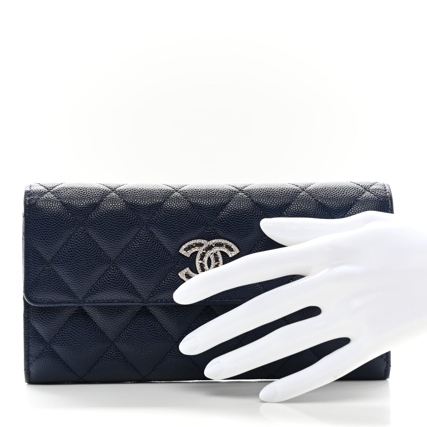 Caviar Quilted Crystal Long Flap Wallet Navy Blue