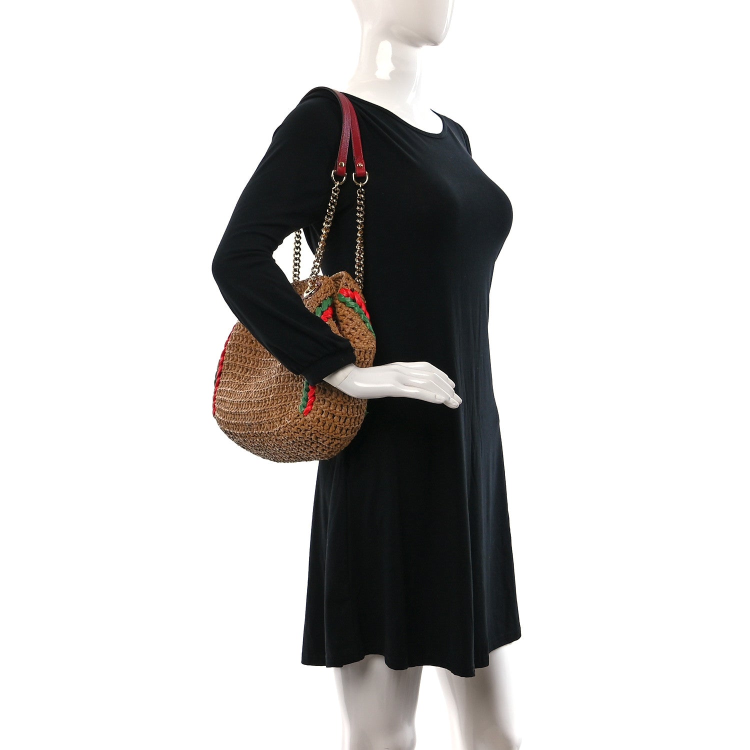 Gucci Raffia Effect Medium GG Marmont Shoulder Tote Bag Natural Red Green 2 of 10