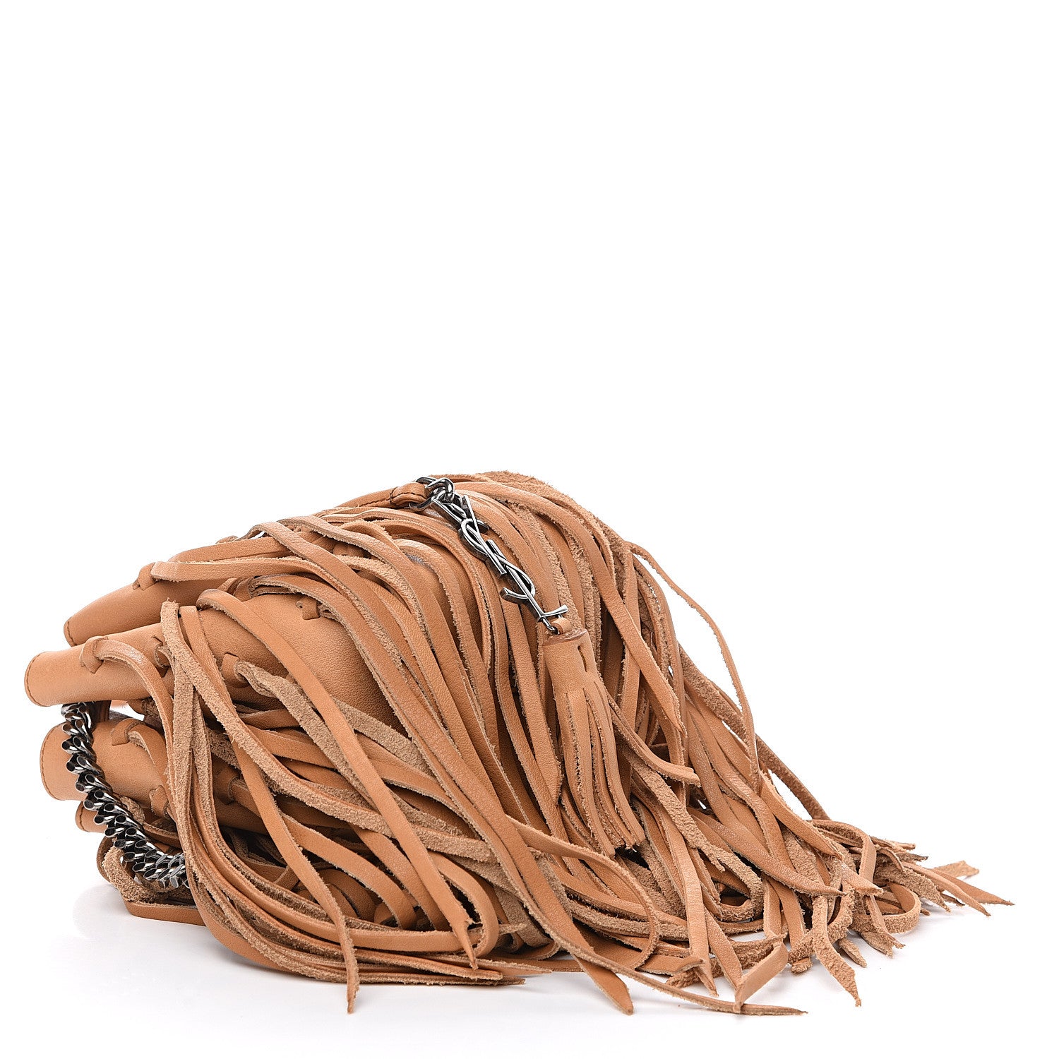 Saint Laurent Calfskin Fringe Monogram Mini Bourse Bucket Bag Tan 3 of 8