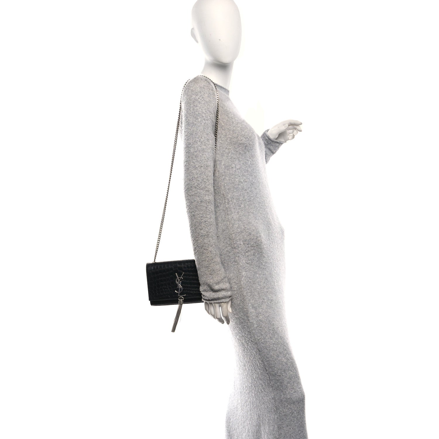 Saint Laurent Calfskin Crocodile Embossed Small Classic Monogram Kate Tassel Satchel Black 2 of 9