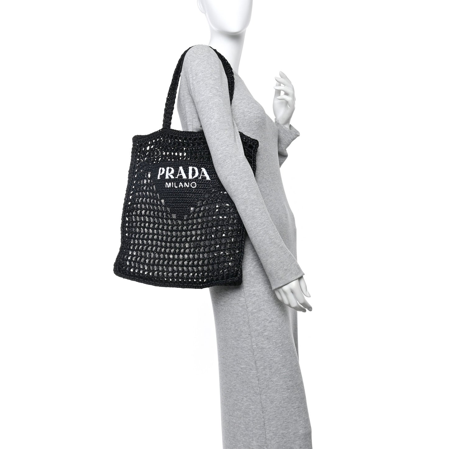 Yarn Raffia Effect Crochet Logo Embroidered Tote Bag Black