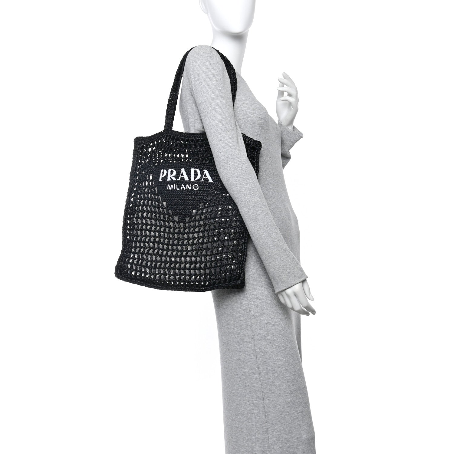 Prada Yarn Raffia Effect Crochet Logo Embroidered Tote Bag Black 2 of 9
