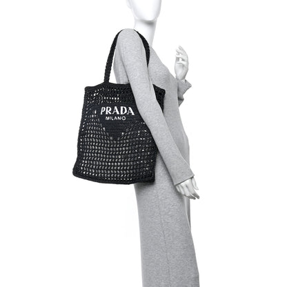 Prada Yarn Raffia Effect Crochet Logo Embroidered Tote Bag Black 2 of 9