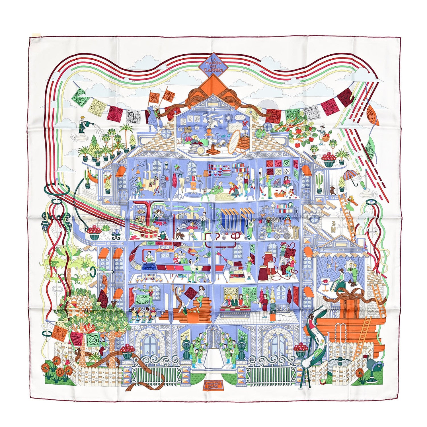 Hermes Silk La Maizeon Des Carres Scarf 90 White Parme Multicolore 1 of 4
