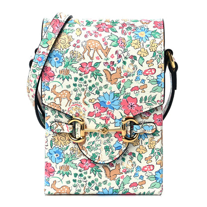 Gucci X LIBERTY OF LONDON Textured Calfskin Floral Fawn Print Mini Horsebit 1955 Crossbody Bag Multicolor Ivory 1 of 10