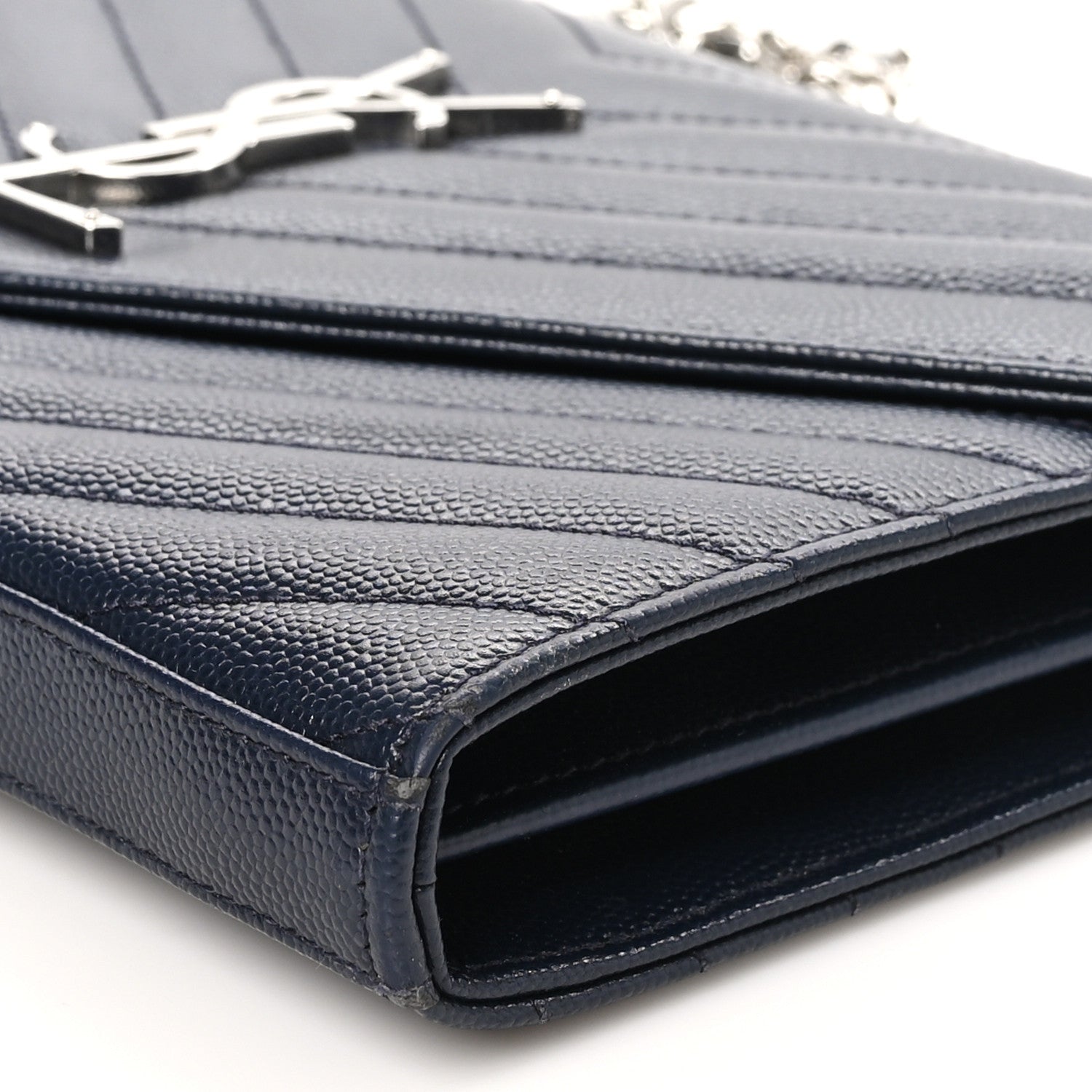 Saint Laurent Grain De Poudre Matelasse Chevron Monogram Chain Wallet Deep Marine 10 of 10