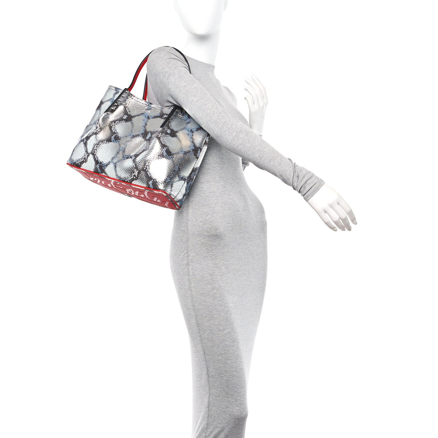 Python Embossed Calfskin Spiked Small Cabarock Shopper Tote Silver