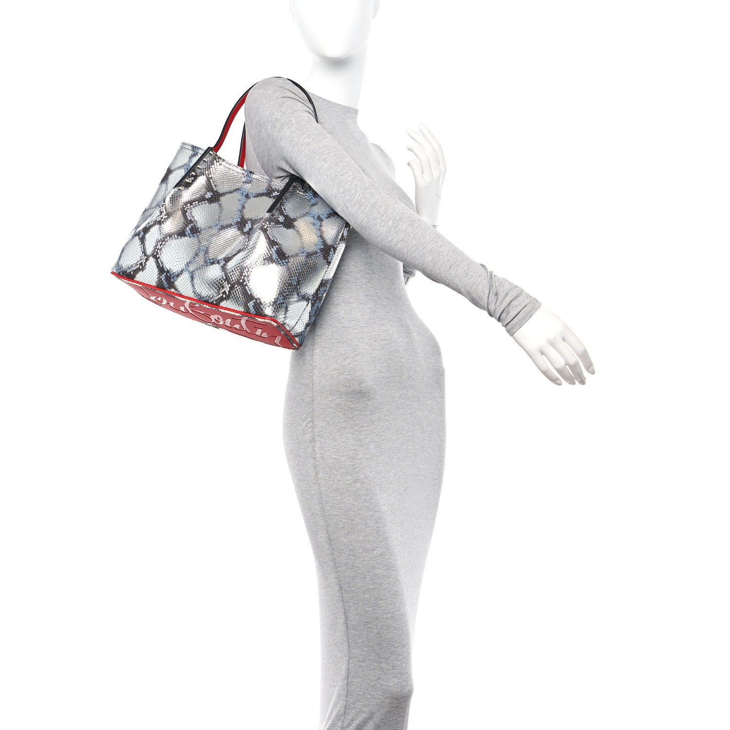 Christian Louboutin Python Embossed Calfskin Spiked Small Cabarock Shopper Tote Silver 2 of 10