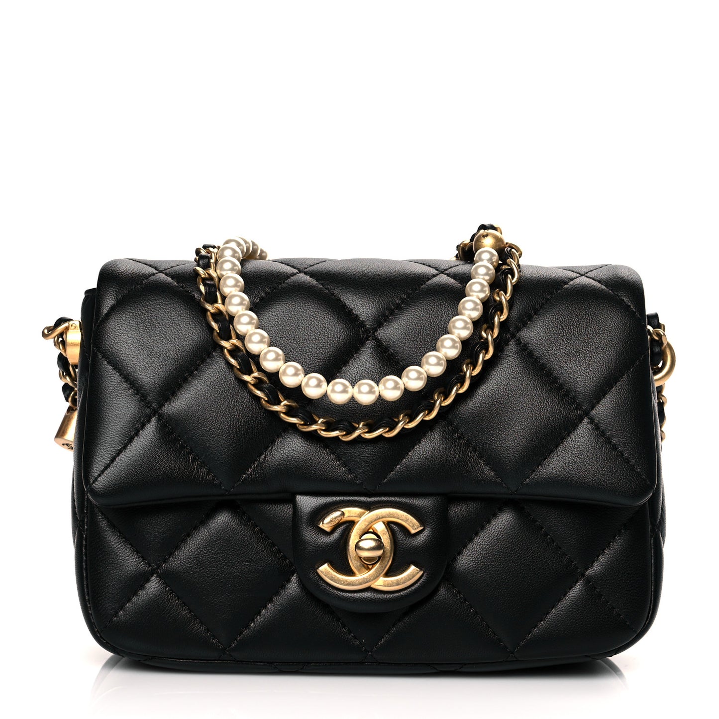 Calfskin Quilted Mini Square Pearls Chain Flap Black