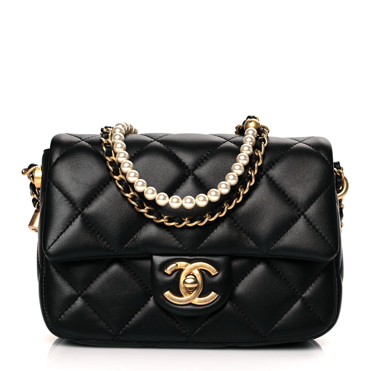 Chanel Calfskin Quilted Mini Square Pearls Chain Flap Black 1 of 10