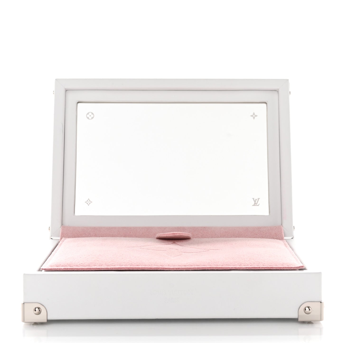 Calfskin Mirror Monogram Etched Jewelry Box Trunk White