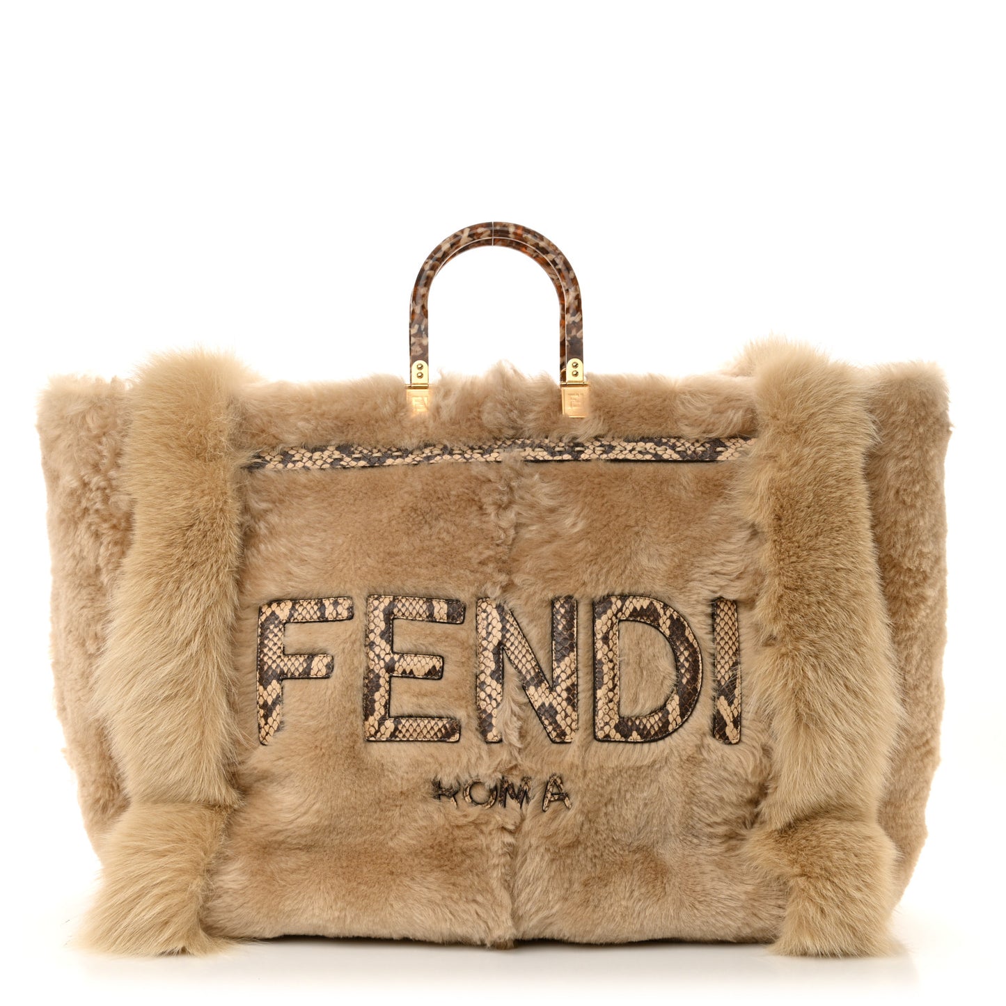 Fox Fur Sheepskin Elaphe Plexiglass FF Embossed XL Fendi Sunshine Shopper Tote Natural