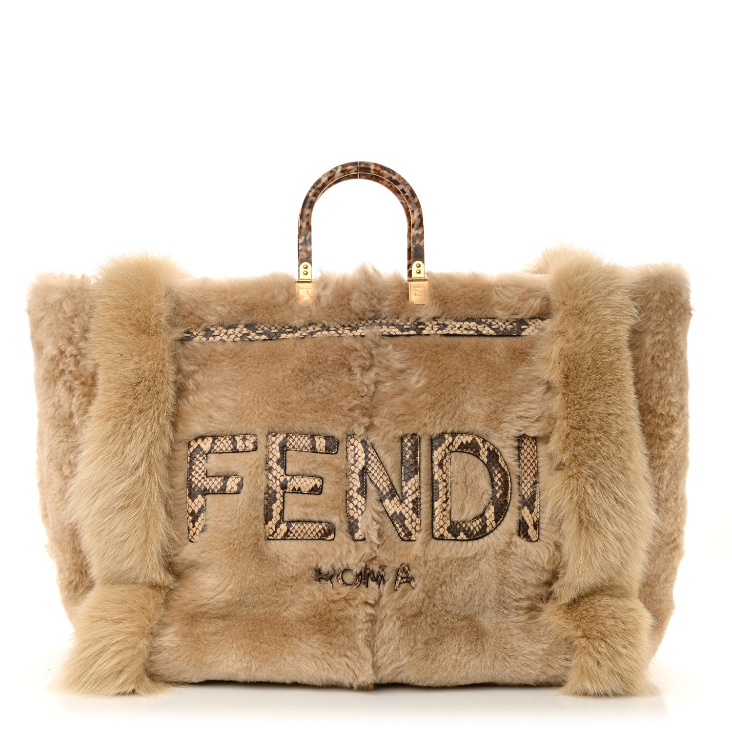Fendi Fox Fur Sheepskin Elaphe Plexiglass FF Embossed XL Fendi Sunshine Shopper Tote Natural 1 of 11