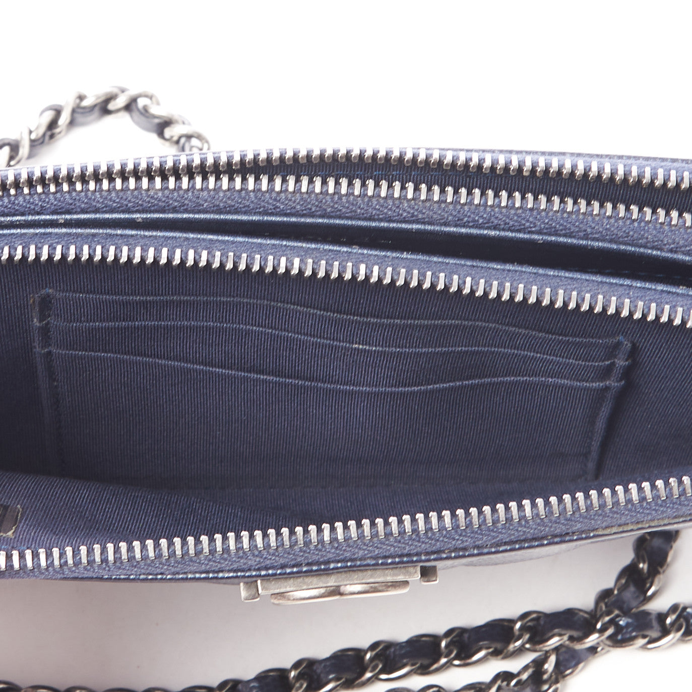 Metallic Caviar Quilted Small Boy Clutch With Chain Navy
