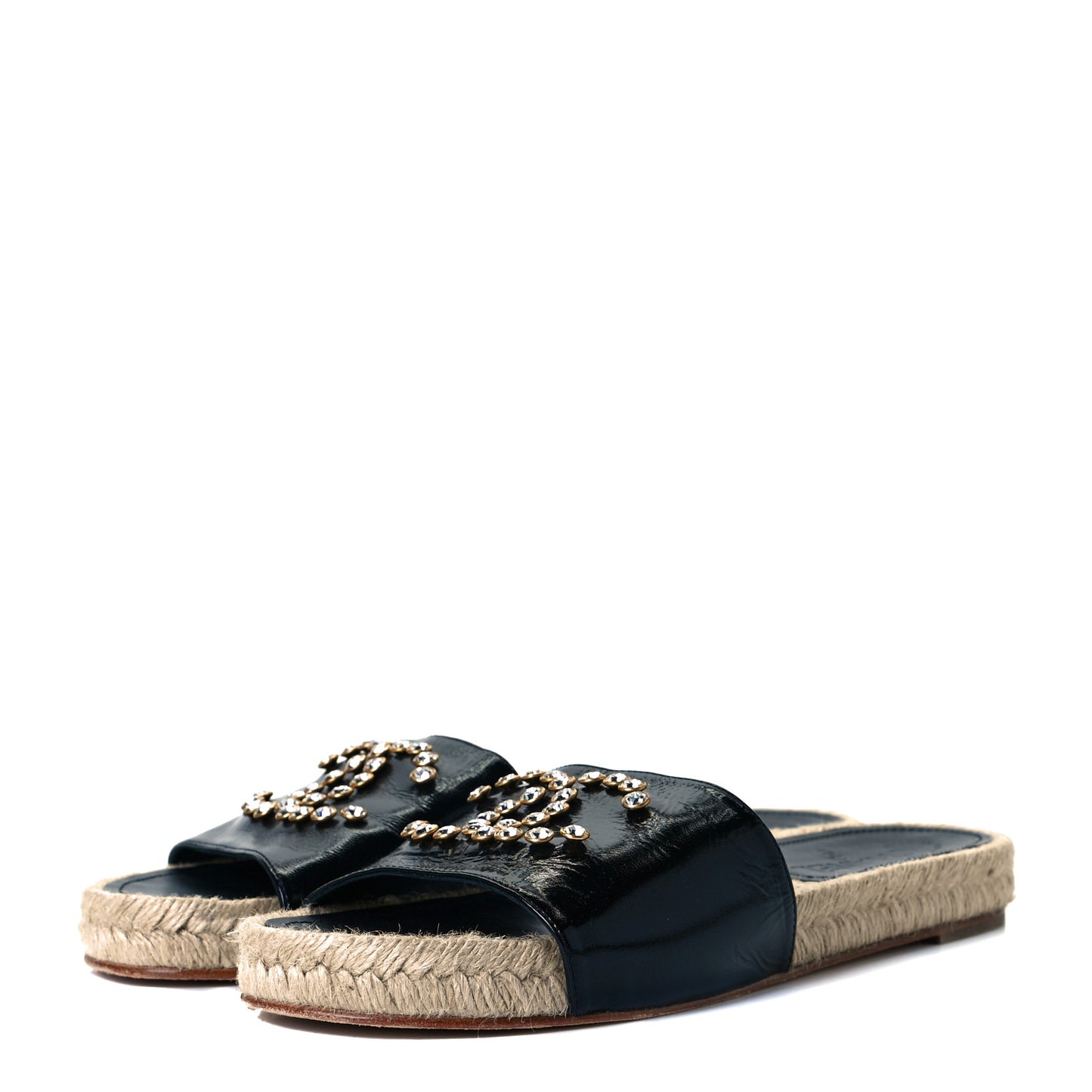 Patent Calfskin Crystal CC Espadrille Slip On Sandals 40 Black