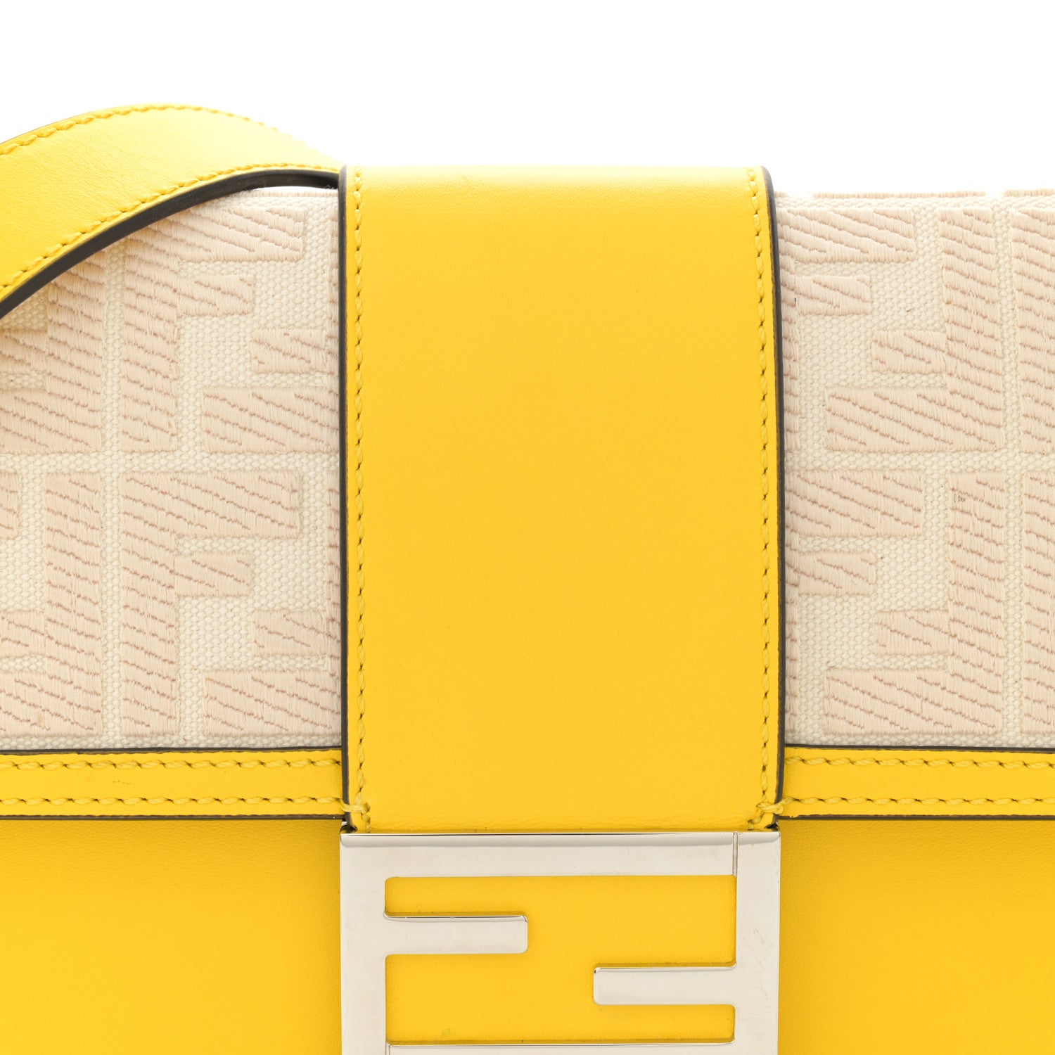 Fendi Canvas Vitello King FF Embroidered Medium Flat Baguette Grezzo Limone 8 of 13
