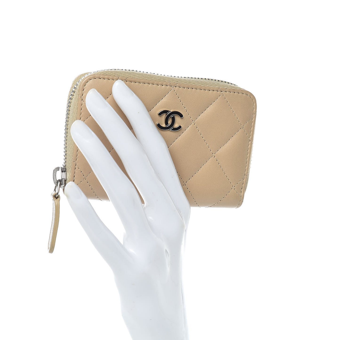 Lambskin Quilted Zip Coin Purse Wallet Beige