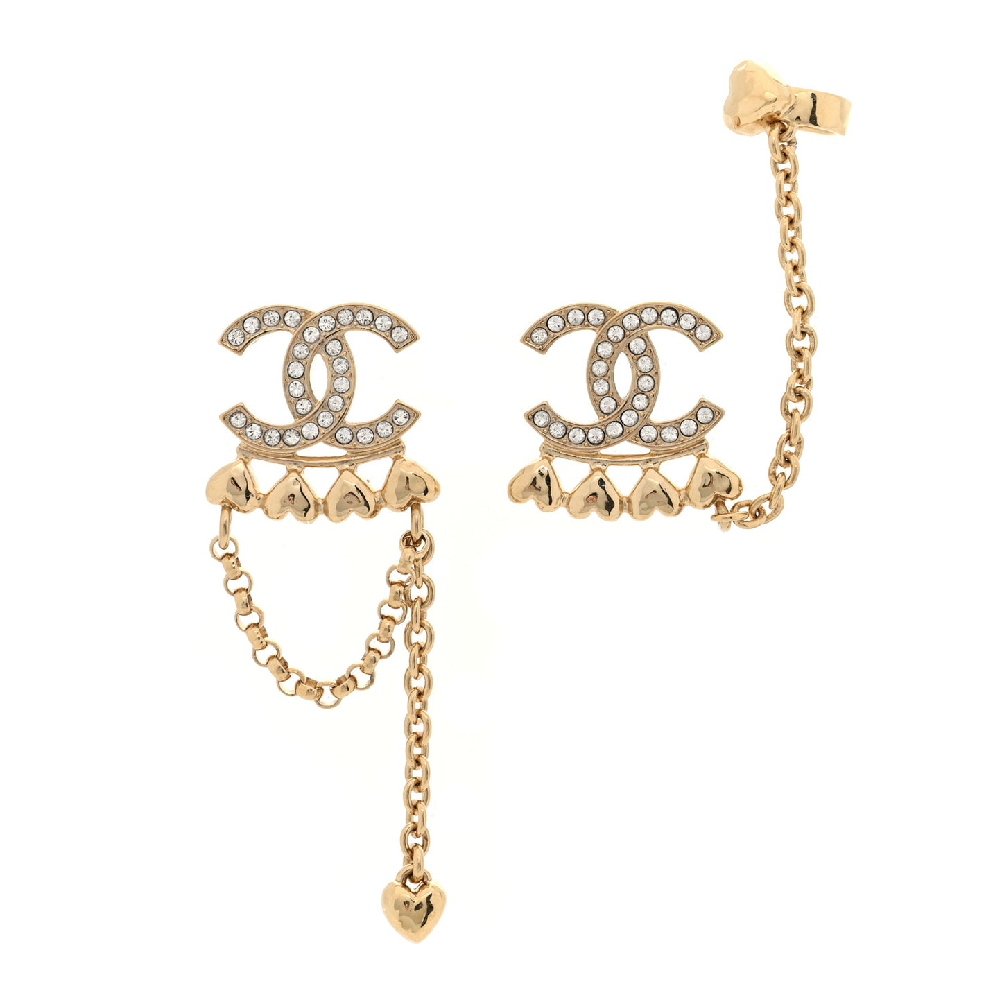 Metal Crystal CC Drop Heart Link Earrings Gold