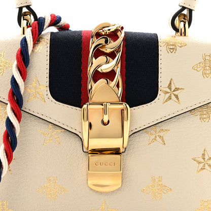 Gucci Textured Calfskin Bee Star Print Mini Sylvie Top Handle Bag Mystic White 8 of 14