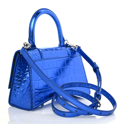 Balenciaga Metallic Shiny Calfskin Crocodile Embossed Hourglass Top Handle Bag XS Royal Blue 3 of 9