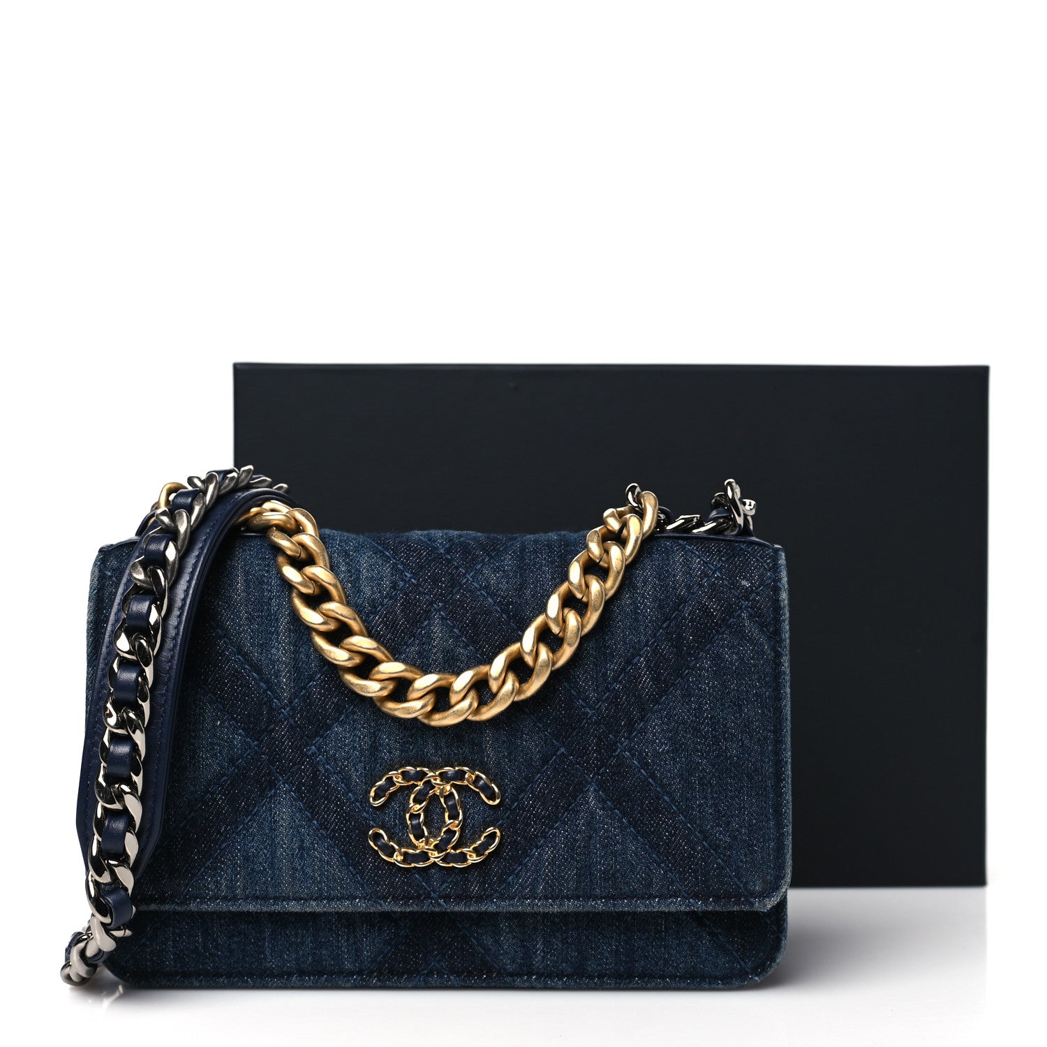 Chanel Denim Quilted Chanel 19 Wallet On Chain WOC Blue 12 of 12