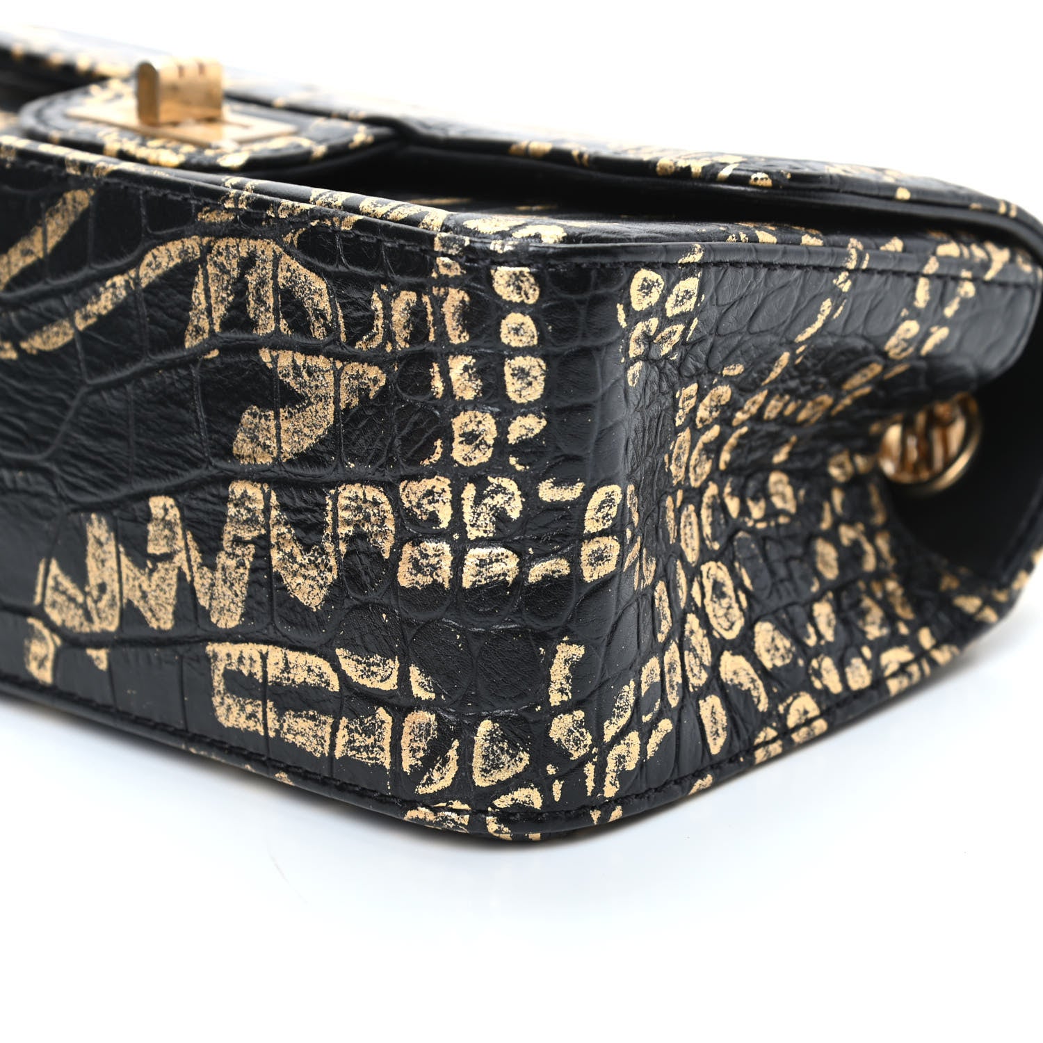 Chanel Calfskin Crocodile Embossed Graffiti 2.55 Mini Cocodile Reissue Flap Black Gold 9 of 10