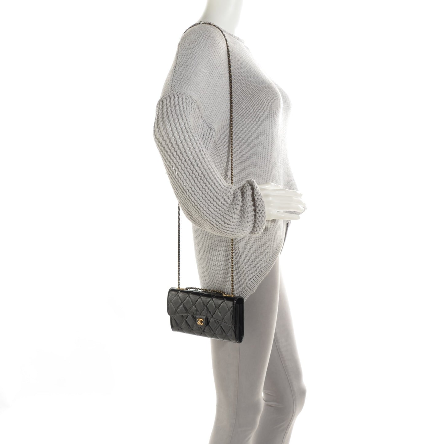 Patent Goatskin Quilted CC Eyelet Wallet On Chain Black