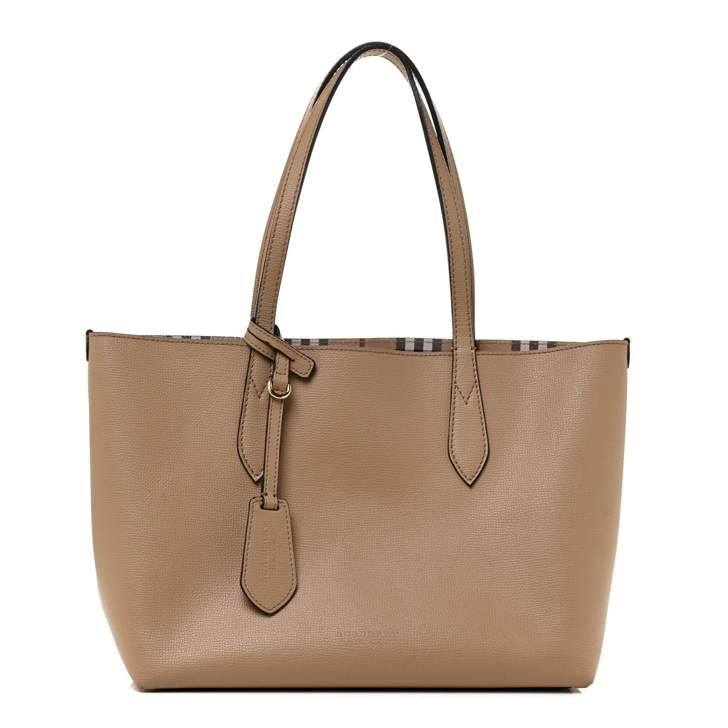 Grainy Calfskin Haymarket Check Small Reversible Tote Mid Camel