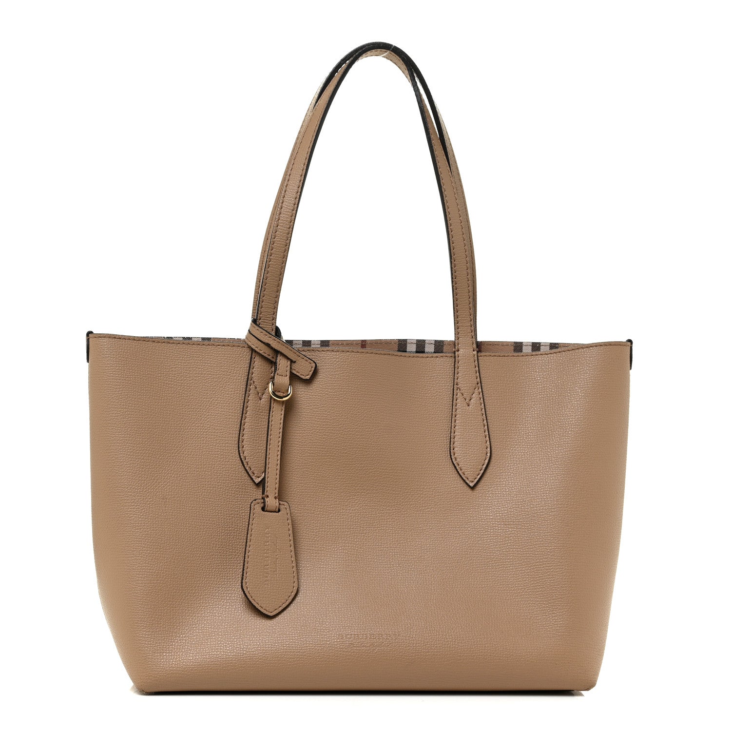 Burberry Grainy Calfskin Haymarket Check Small Reversible Tote Mid Camel 1 of 23