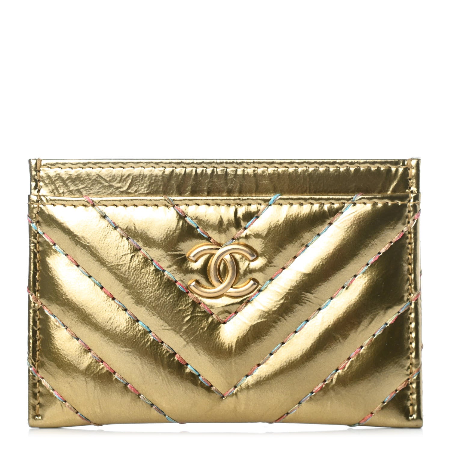 Chanel Metallic Calfskin Chevron Quilted Card Holder Gold 1 of 9
