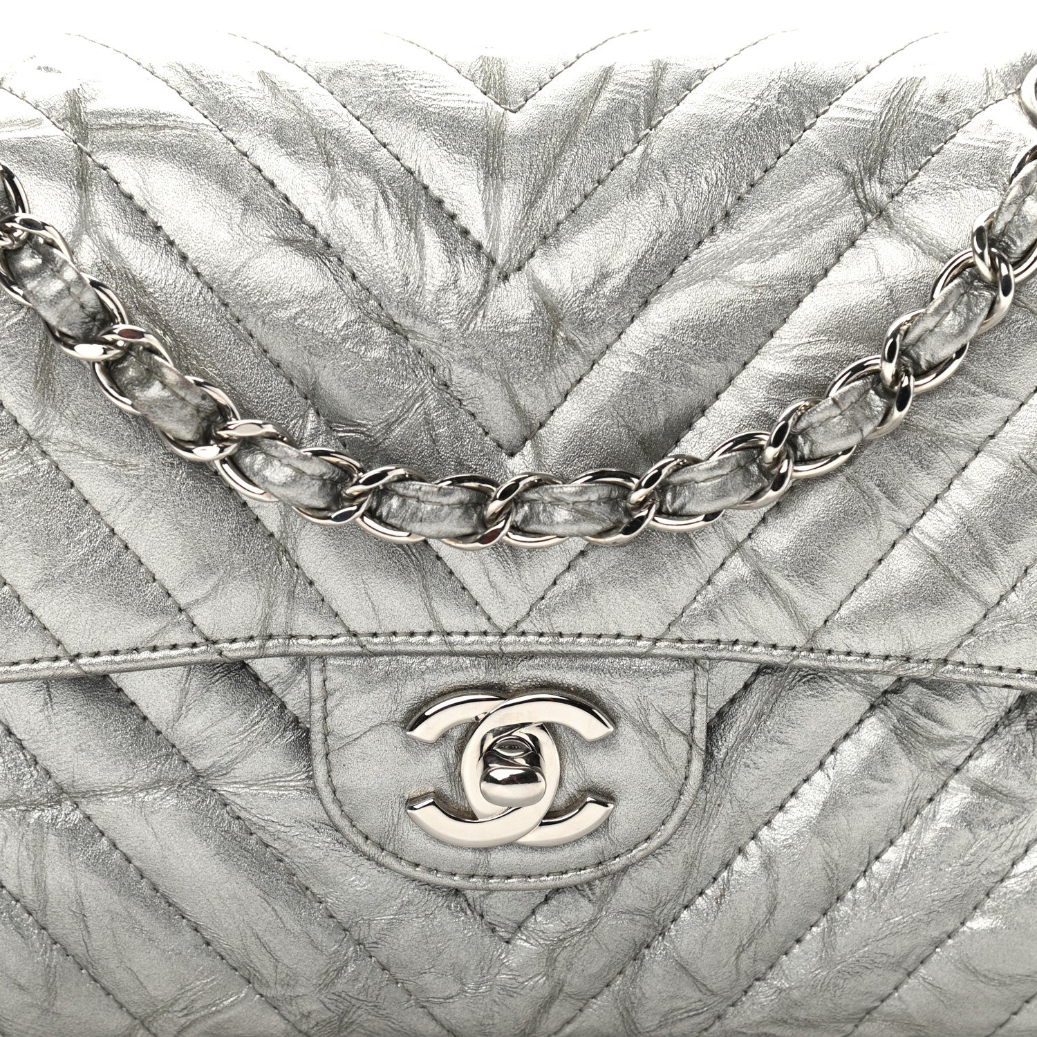 Chanel Metallic Crumpled Calfskin Chevron Quilted Mini Rectangular Flap Silver 7 of 9