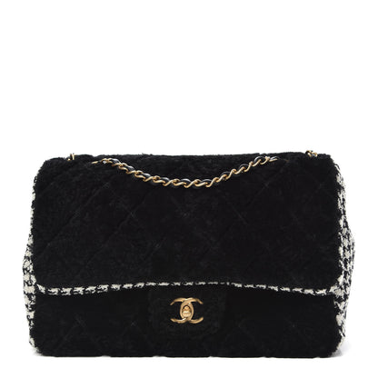 Chanel Shearling Tweed Jumbo Single Flap Black White 1 of 11